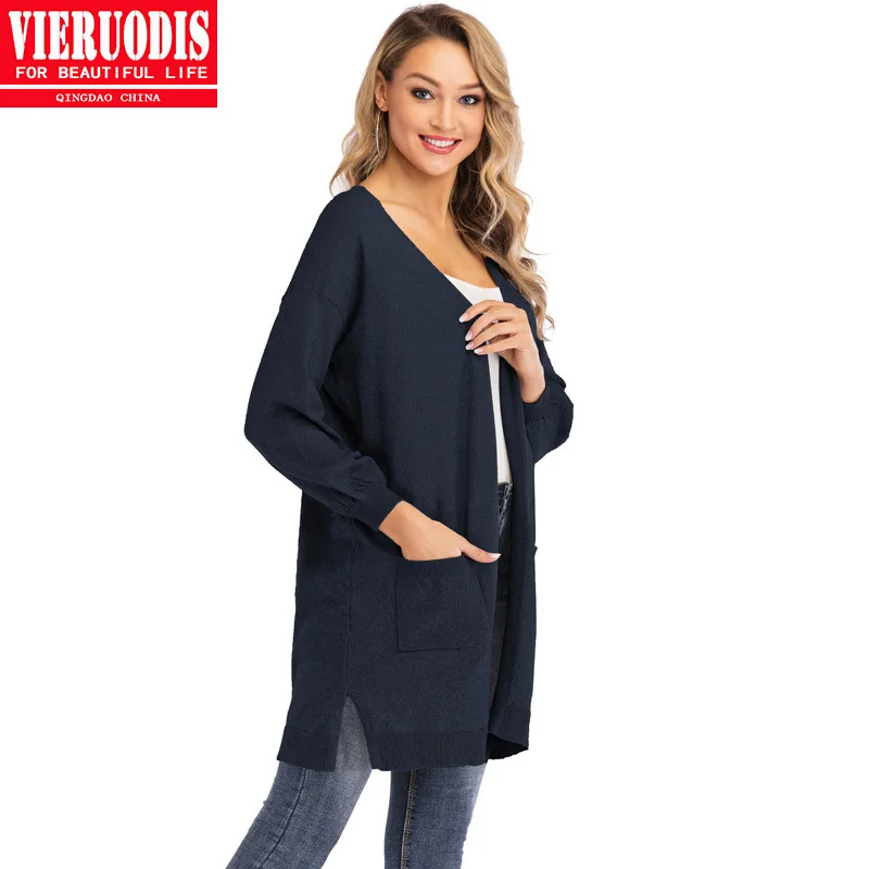 Женский кардиган в японском стиле с длинными рукавами и карманами однотонный