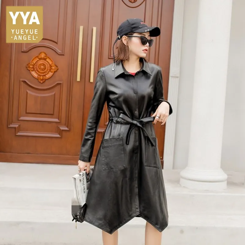 

Brand Elegant Genuine Leather Long Jacket Women Fashion Luxury Slim Lapel Irregular Black Windbreaker Office Lady Sheepskin Coat