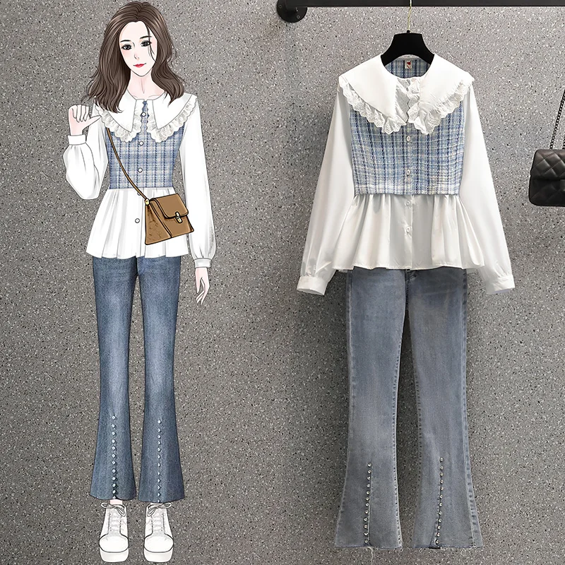 Женский джинсовый костюм рубашка в клетку и джинсовые штаны спортивный