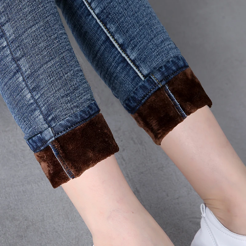 Winter Fleece Warm Thick Plus Velvet Skinny Mom Jeans For Women High waist Slim fit Female Stretch Denim Pencil Pants