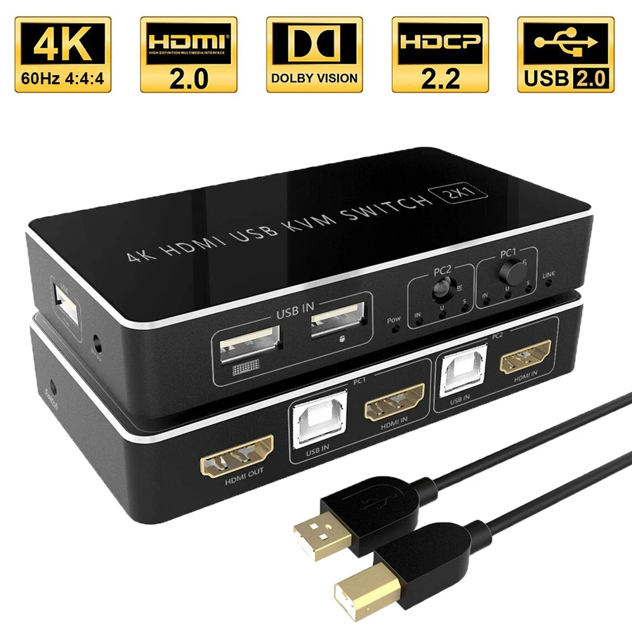 2022 4K 60 Гц HDMI KVM переключатель 2 порта USB для совместного использования клавиатуры