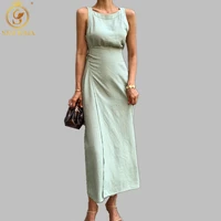 smthma 2021 new arrival fashion elegant for women o neck sleeveless vestidos high waist summer solid midi dresses