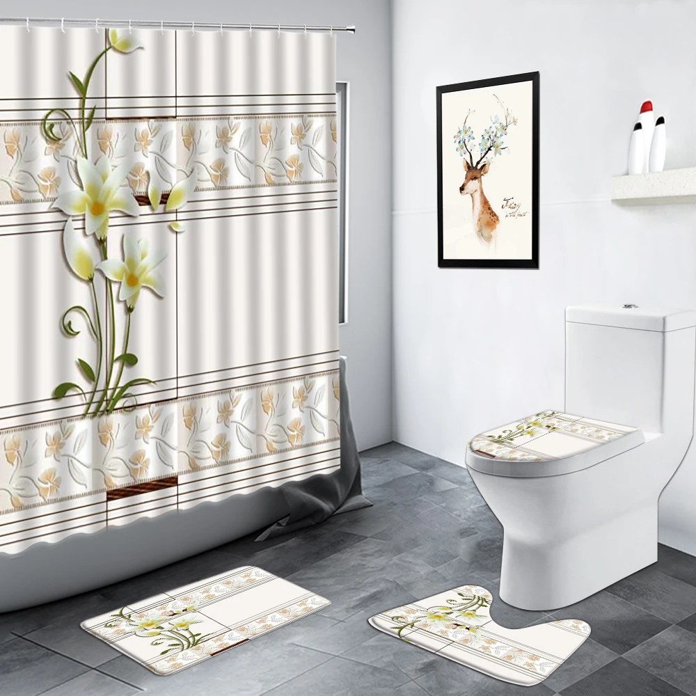 

Geometric Shower Curtain Set White Gray Black Stripes Modern Design Bathroom Decor Carpet Bath Mat Toilet Lid Cover Non-slip Rug