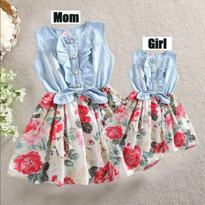 

New Mother Daughter Matching Clothes Sleeveless Floral Patchwork Sundress Mom Kids Parent Dress Outfits