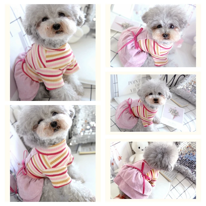 Хлопковые полосатые футболки новые платья для собак с розовым вельветом суки