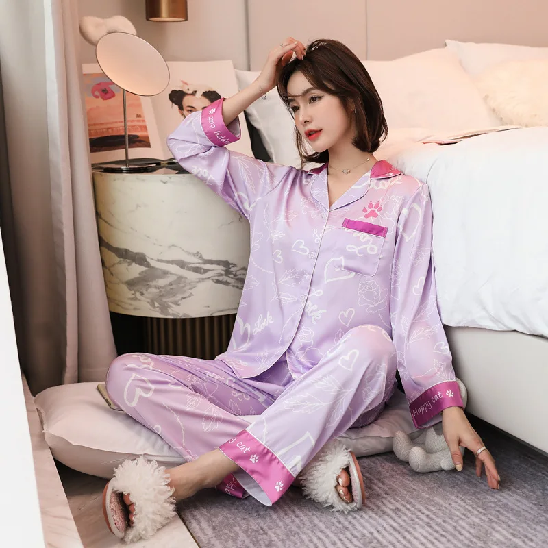 

Young Lady 2PCS Sweet Heart Print Pajamas Set Spring Autumn Casual Shirt&Pant Home Wear Satin Loose Sleepwear Pocket Nightwear