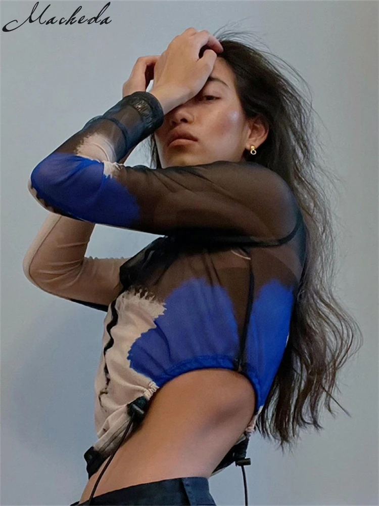 

Macheda Summer Sexy Mesh See through T Shirt Women O Neck Long Sleeve Slim Fashion Printing Street Casual Lady Crop Top New