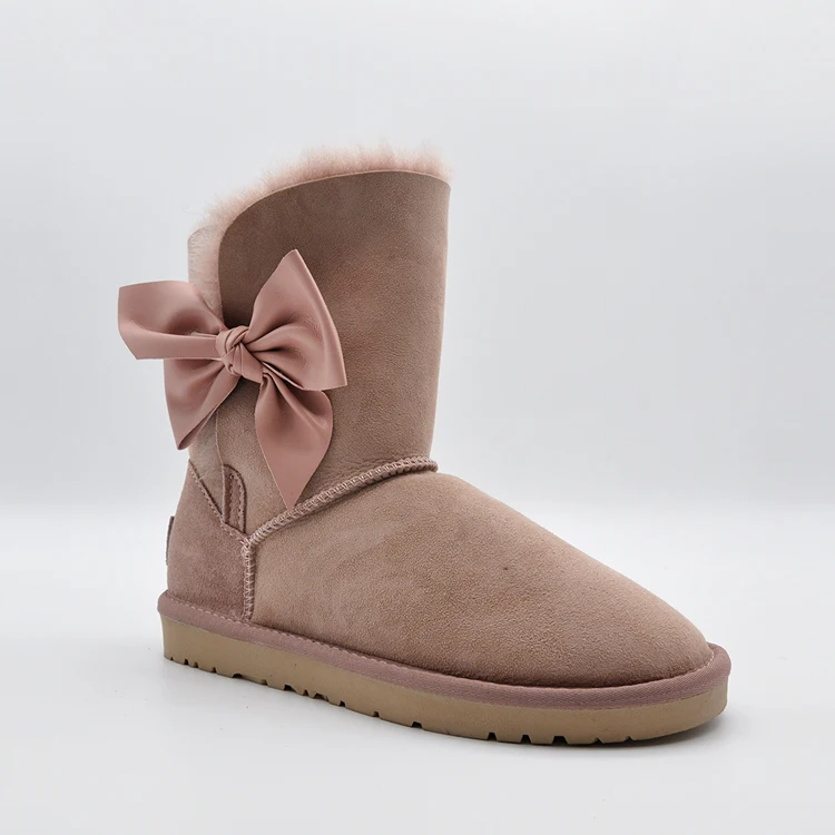 

Женские ботинки с бантом из ленты, розовые зимние ботинки на меху, натуральная Водонепроницаемая Нескользящая женская обувь