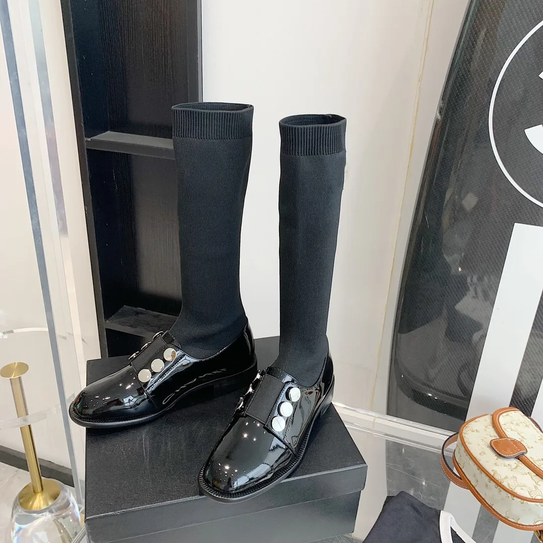 

Women Round Toe Button Decoration Slip On Boots Ladies Black Genuine Leather Knee High Sock Boots Botas De Mujer Designer Shoes