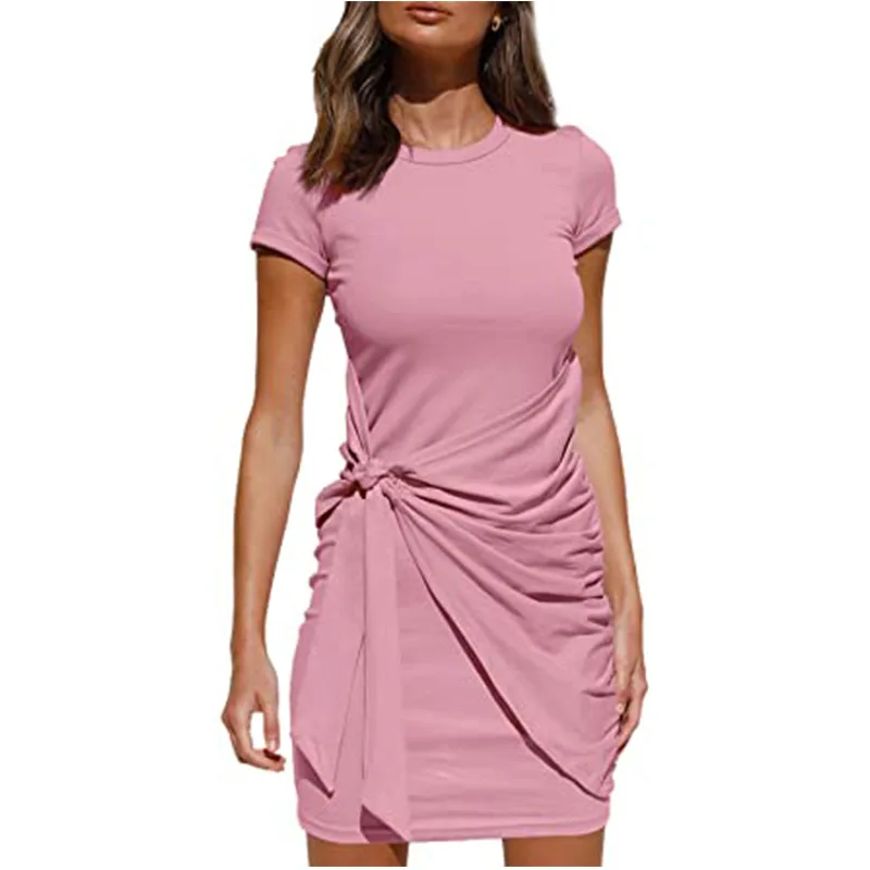 

2021 Summer New Arrival Women Short Sleeve O-Neck Irregular Bow Bandage Dress Bodycon Solid Slim Party Vestidos