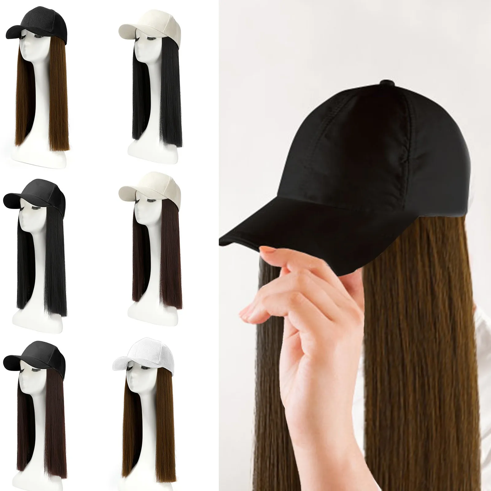 Baseball Cap Hair Straight Hair Hairstyle Adjustable Wig Hat Attached Long Hair High Temperature Silk Headwear Hairs