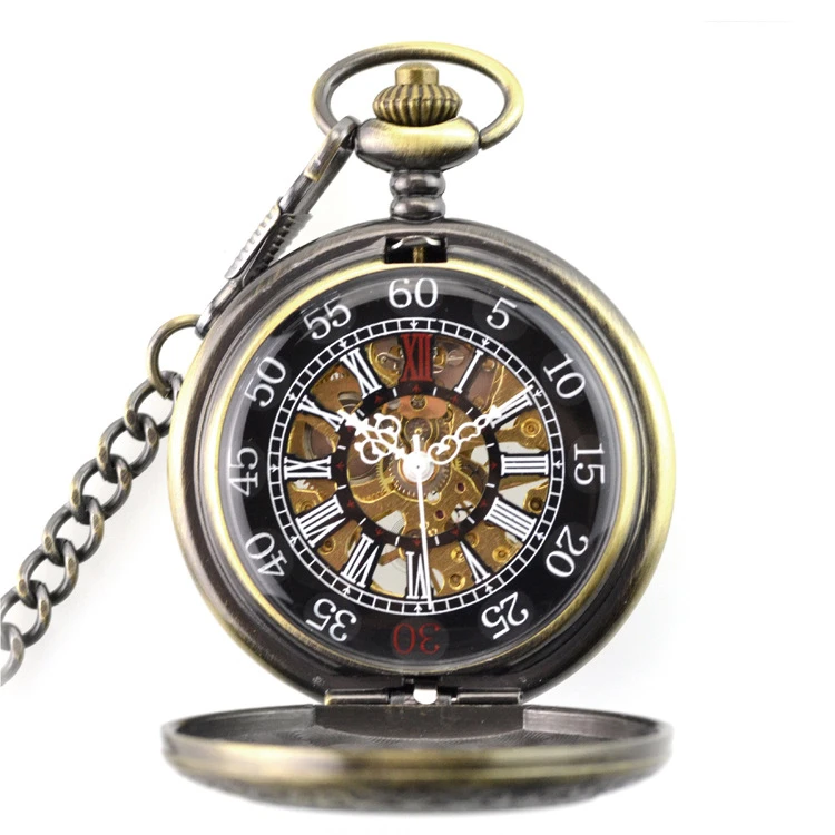 2019 Bronze Steampunk Pocket Watch Retro Mechanical Pocket Watches Skeleton Vintage Pocket Fob Watch Chain