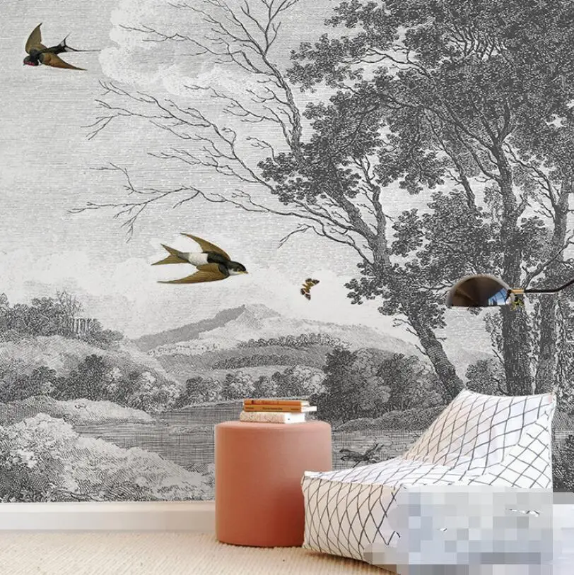 

Milofi custom 3D wallpaper mural European retro hand-painted lines rainforest jungle mural background wall decoration wallpaper