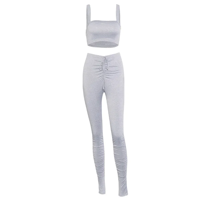 

2020 Women Flare Pants Ladies Stacked Joggers Slash Neck Off Shoulder Tanks Pleated High Waist Trousers Split Bell Bottom Pants