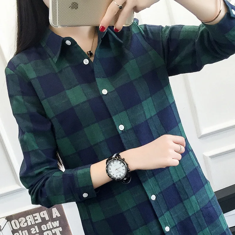 

Brand Autumn Women Long Shirt Girlfriend Style Cotton Casual Long Sleeve Red Flannel Plaid Shirt Blouses Female Tops Blusas