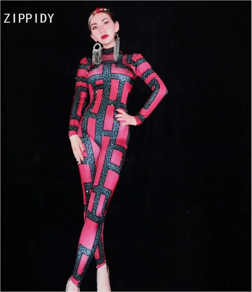 

Black Red Rhinestones Spandex Jumpsuit Women Singer Stage Bodysuit Birthday Dance Bar Outfit Evening Dance Clothes