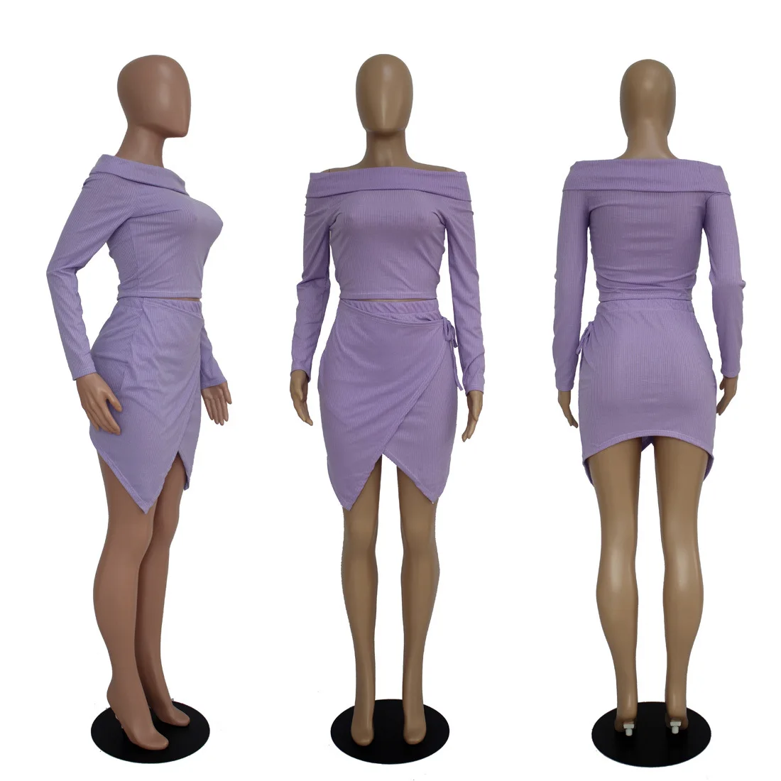 

Solid Color Slash Neck Long Sleeves Tops & Irregular Tie Skirt New Arrival Autumn Women Suit Hot Style 2 Pieces Set