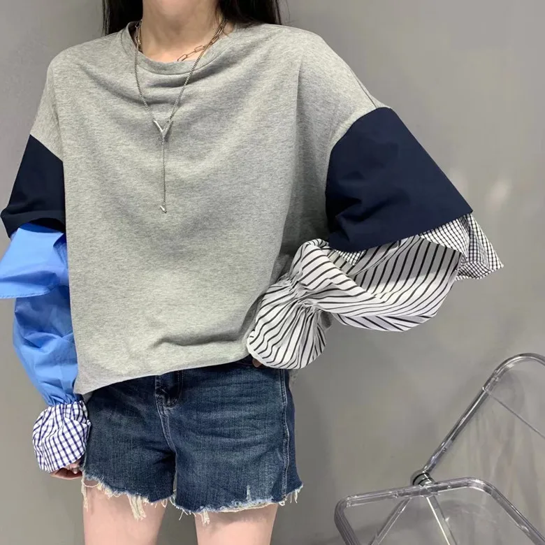 

SuperAen European Autumn Women 2021 New Loose Splicing Shirt Street Fashion Sweatshirt Patchwork Pullovers