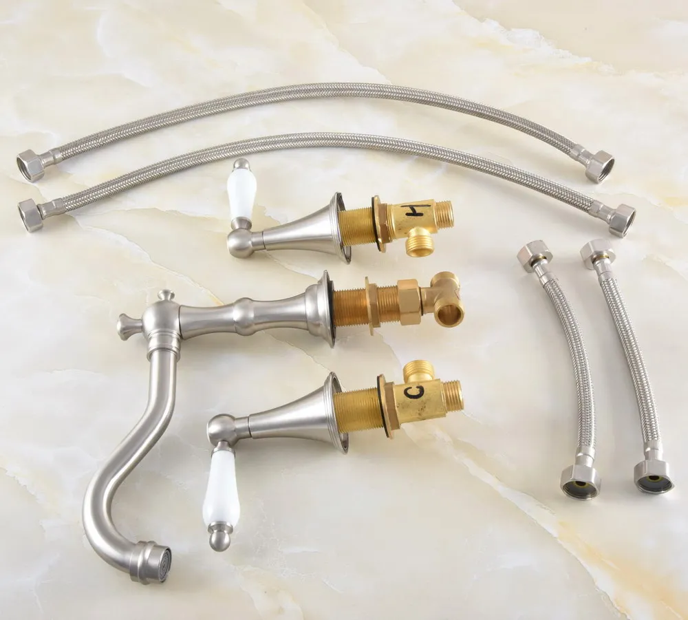 

Brushed Nickel Brass Deck Mounted Dual Handles Widespread Bathroom 3 Holes Basin Faucet Mixer Water Taps mnf686