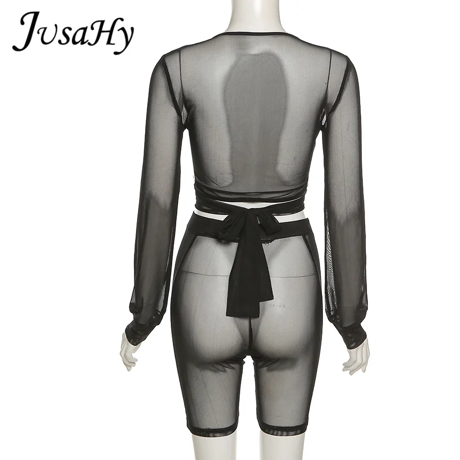 

JuSaHy Mesh See Through Women's Two Pieces Sets Sexy Deep V-Neck Long Sleeves Lace Crop Top And Elastic Shorts Matching Outfits
