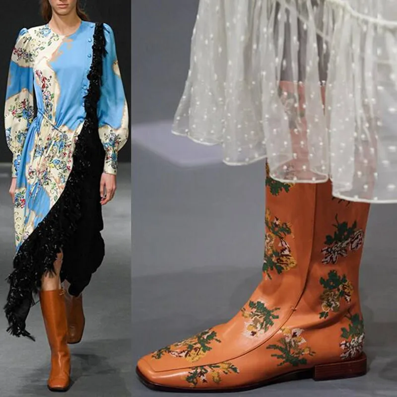 

Folk Style Floral Embroidery Leather Mid-calf Boots Square Toe Women Runway Flower Boots Low Heels Ladies Knight Boots