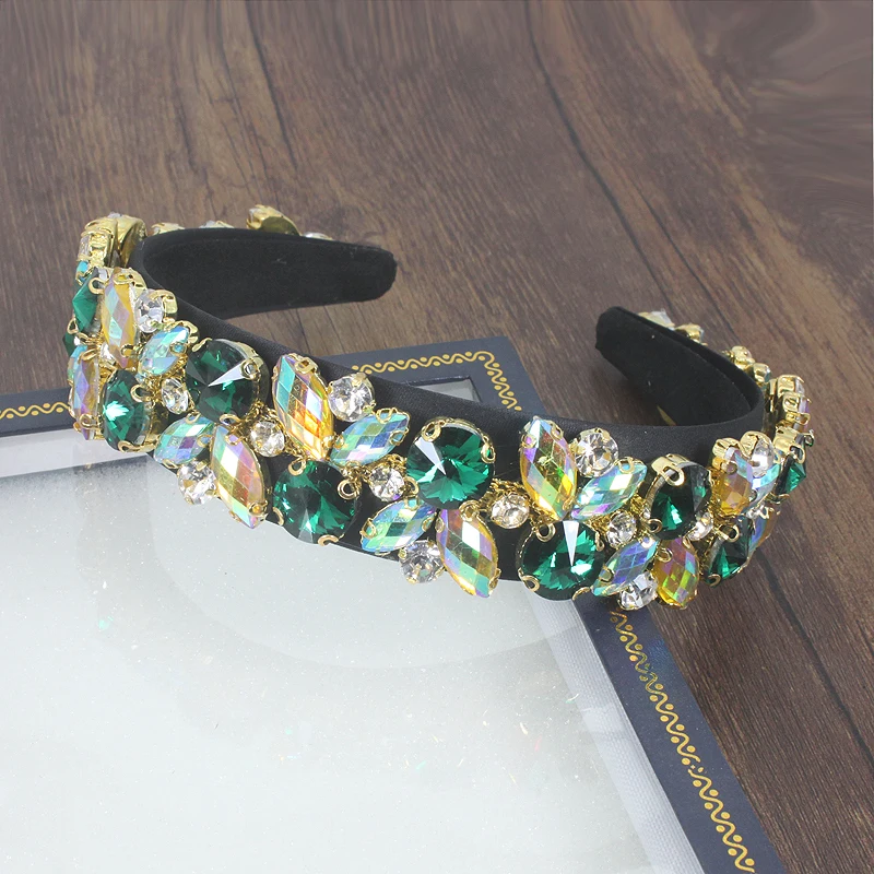 black headband Роскошные европейские винтажные аксессуары для волос зеленый желтый кристалл барокко лента для волос Элегантные Стразы головная повязка со стразами для женщин - Окраска металла: black headband