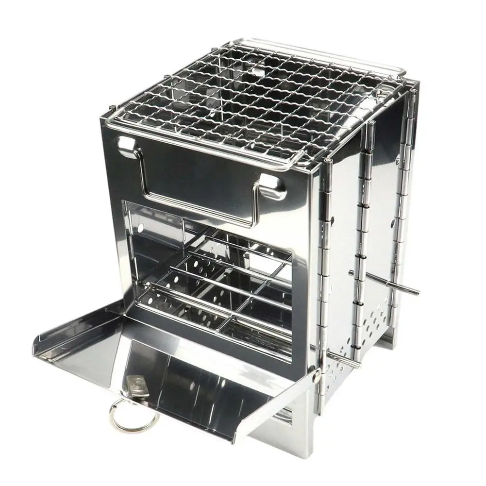

Folding BBQ Grill Square Wood Stove Adjustable Stainless Steel Barbecue Charcoal Stove Outdoor Mini Furnace Camping Accessories