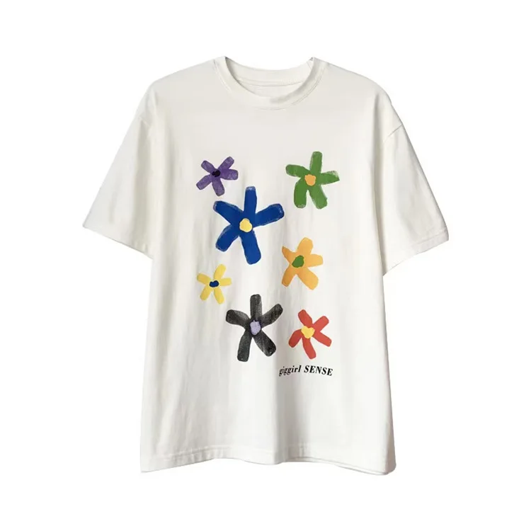 

Round Neck Short Sleeve T-shirt Female 2021 Spring And Summer New Korean White Graffiti Flower Loose Student Harajuku Style Top