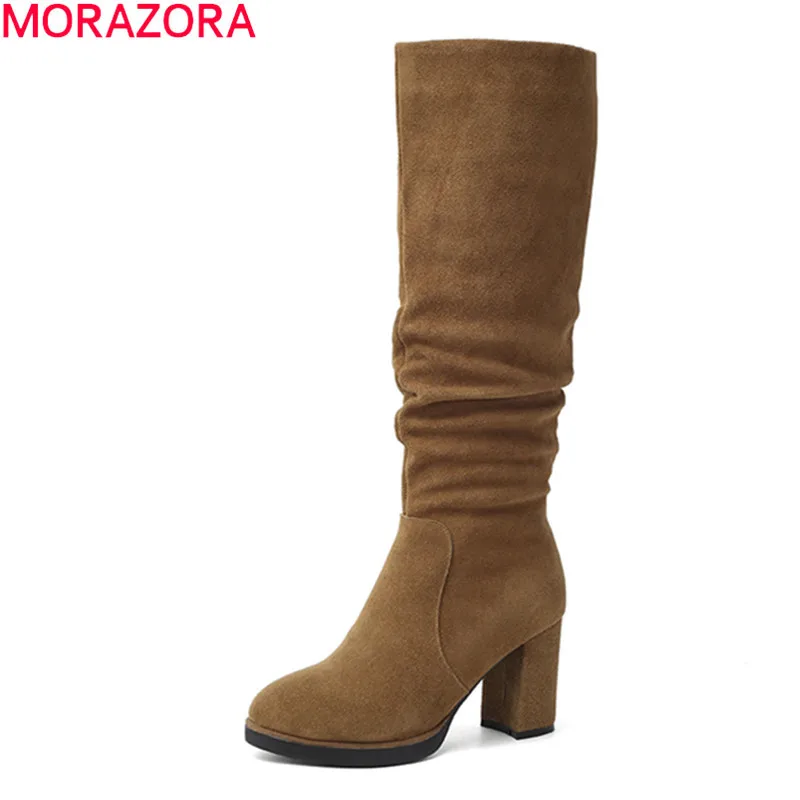 

Женские сапоги со складками MORAZORA, черные однотонные сапоги до колена на высоком каблуке, с круглым носком, на молнии, новинка зимнего сезона ...