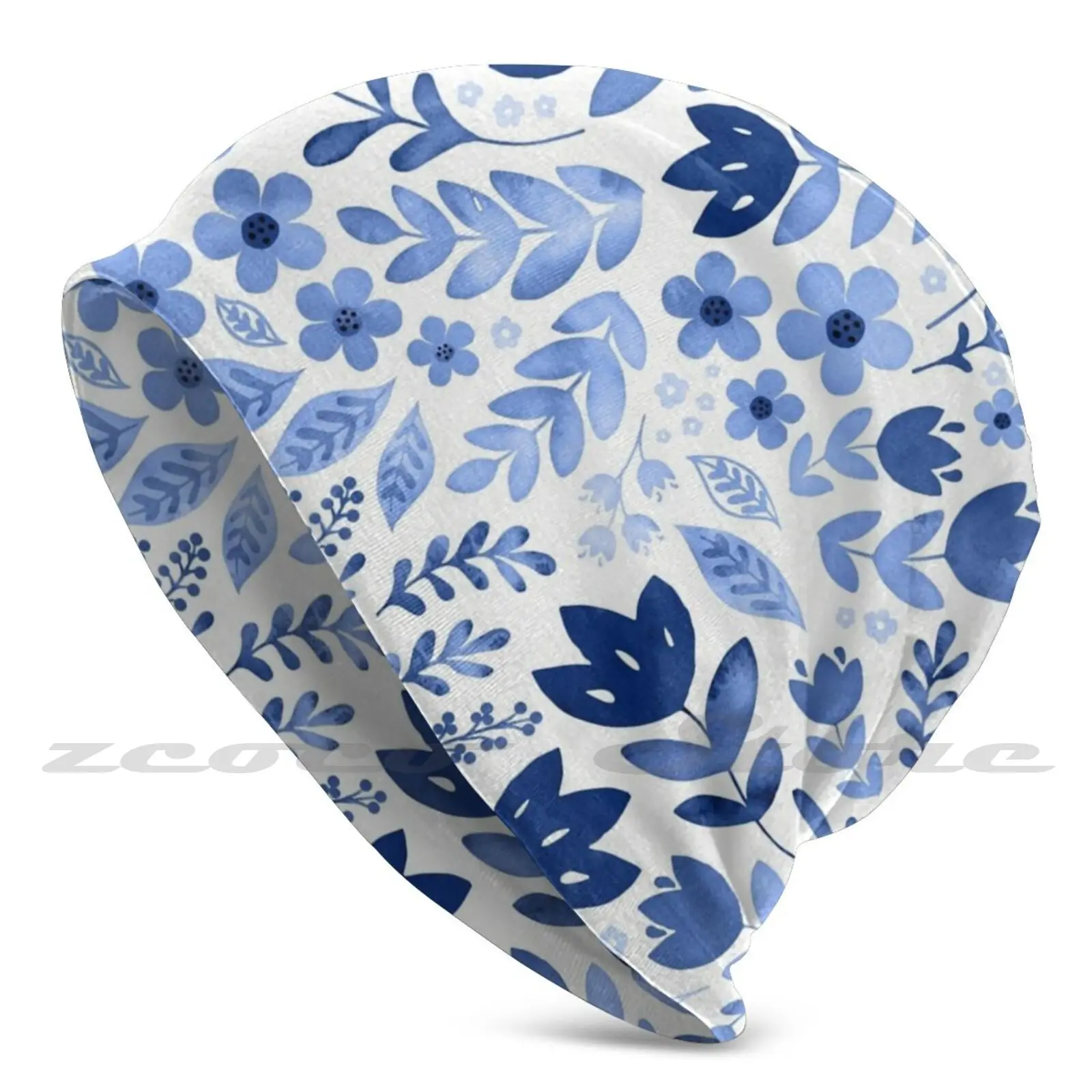 

Вязаная шапка с синими акварельными цветами, мягкая эластичная Кепка для занятий спортом на открытом воздухе, с цветами маргариток, листьям...