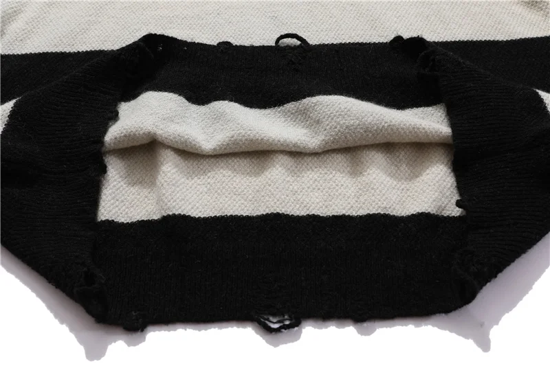 

and 2021 Men's Women's Fashion All-match Fringed Hole High Street Black and White Striped Round Neck Knitted Sweater