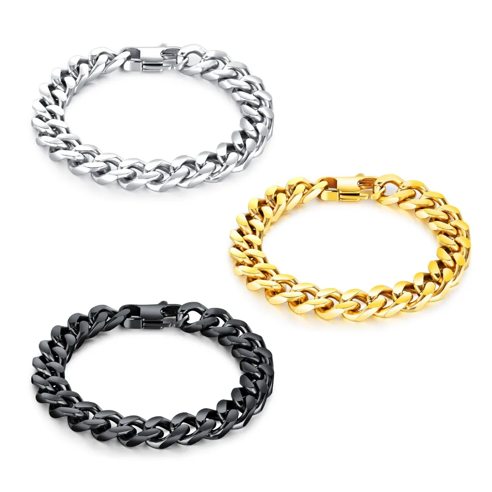 

OPK Hiphop Chunky Curb Chain Bracelet For Men 316L Stainless Steel 3 Sizes Black /White/ Gold Color Male Cuban Jewelry gs720