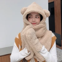 cute bear ear hat scarf gloves set winter girls novelty caps warm casual plush hats casual solid fleece gift accessories