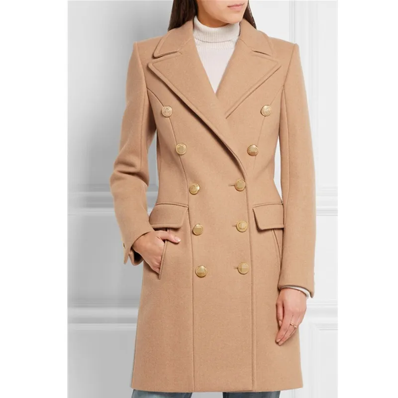 

New Arrival Winter Woolen Coat for Women Elegant Double-breasted Military Style Camel Black Wild Wool Blend Long Jacket Female