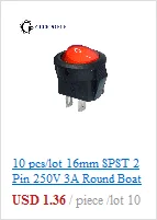 10 шт./партия KCD1 15*10 SPST 250V 3A 2 Pin Красный переключатель для лодки кнопка включения выключения