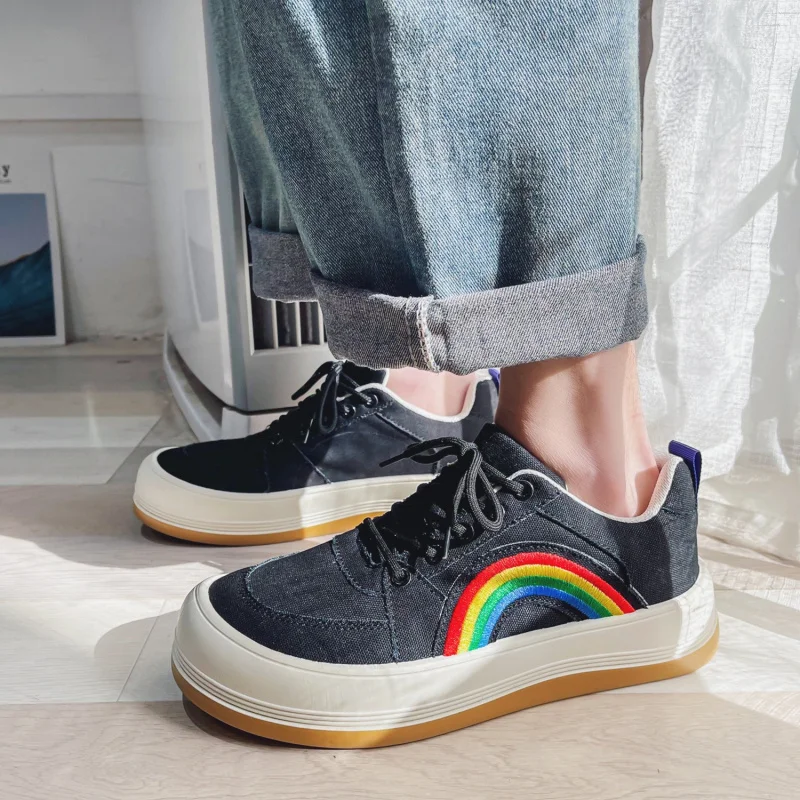 Japanese Rainbow Embroidery Canvas Sneakers Women Flats Platform Skateboard Shoes Men Comfortable Couple Black Canvas Sneakers
