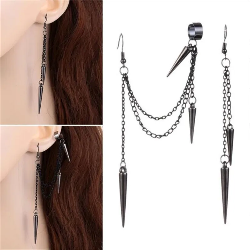 

Men Retro Black Tassel Chain Long Earrings Punk Earrings Hiphop Rivet Earrings For Women Gothic Party Jewelry Pendientes
