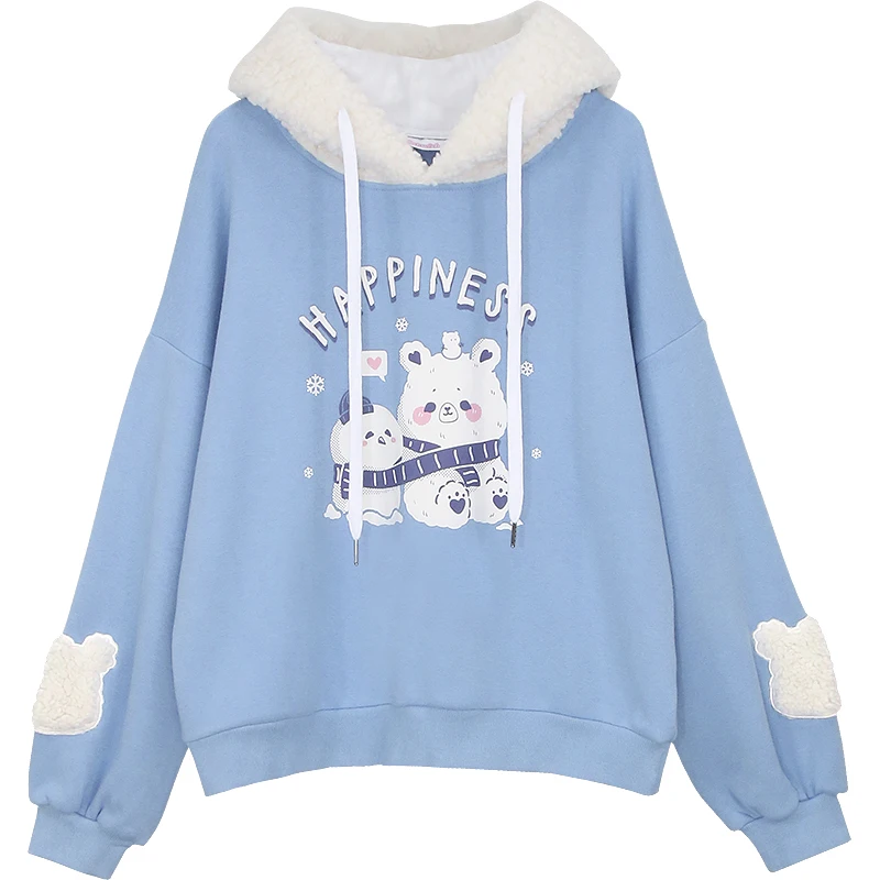 

Lambwools Splicing Hoodies Women Winter Plus Thick Loose Sweet Cute Small Fresh Bear Print Hooded Girl Pullover Tops Student