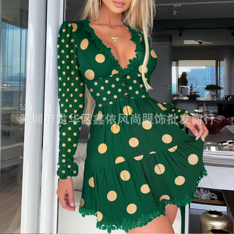 

Women's Mini Dress Polka Dot Print Long Sleeve V-neck Lace Stitched Party Dresses 2021 New Fashion Autumn Casual Dresses