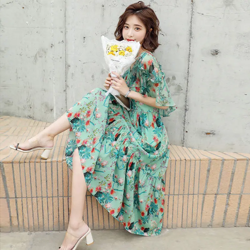 Плащ рукава шифоновое платье с цветочным принтом для женщин складки элегантное