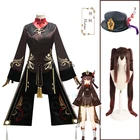 Gane Genshin воздействия Hutao Косплэй Костюм Униформа париков, головных уборов и кольца реквизит аниме Косплэй Ху Тао Хэллоуин вечерние ролевая игра аксессуары