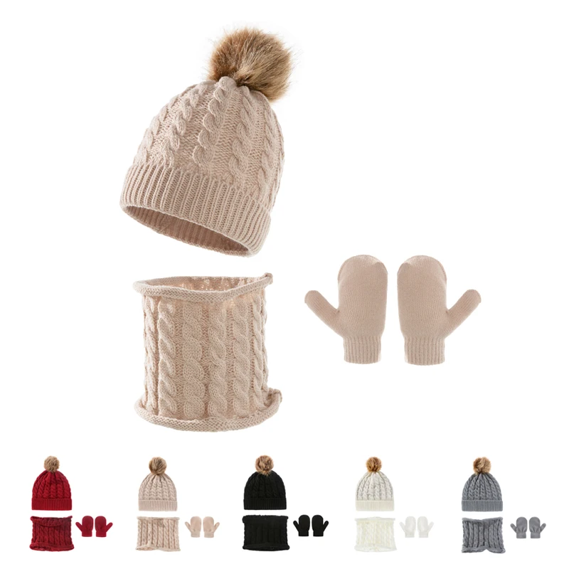 

A three-piece Kids Beanie Hat Baby hat Gloves Scarf Skullcap Children's hat in winter Keep warm Acrylic wool hat 0 to 3 years