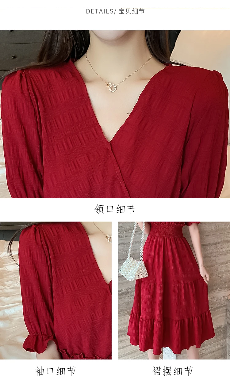 

2020 Summer Short Sleeve Women Casual Dress Vintage Fashion Female Solid Chiffon Dresses V-neck Elastic Waist A-line Vestidos