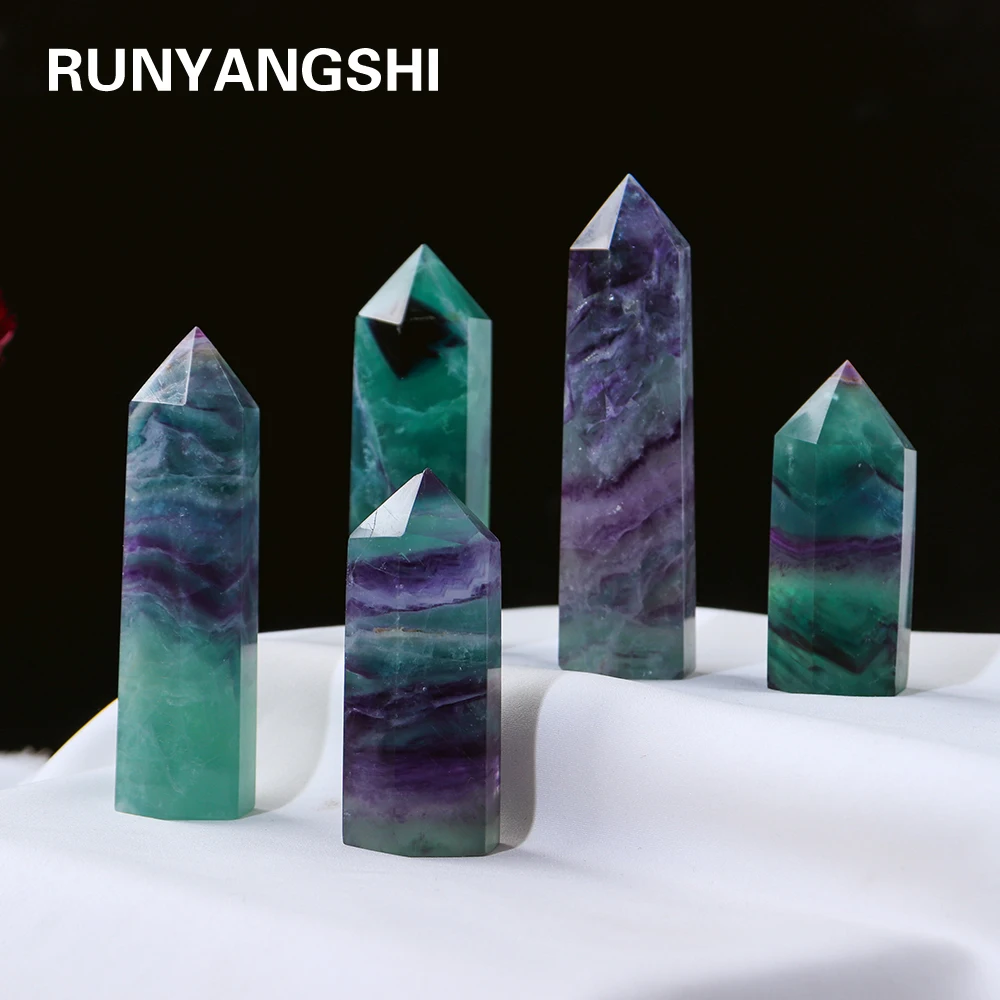 

1pc Natural Crystal Colorful Stripes Gem Point Rainbow Fluorite Column Energy Quartz Tower Decoration