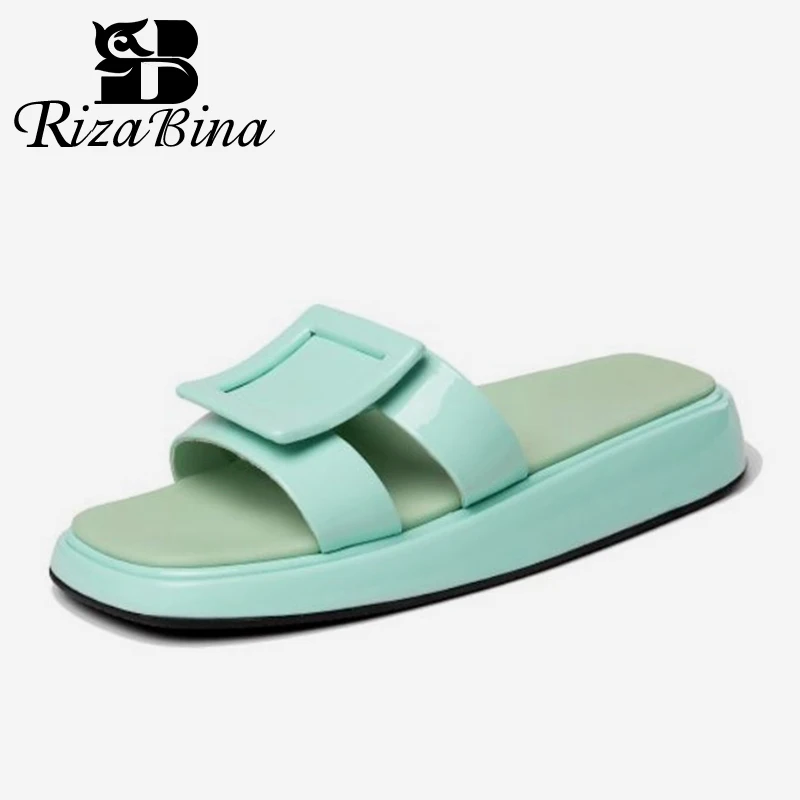 

RIZABINA 2021 Fashion Slipper For Home Women Shoes Flat Heel Square Toe Candy Solid Color Sweet Concise Footwear Size 34-40