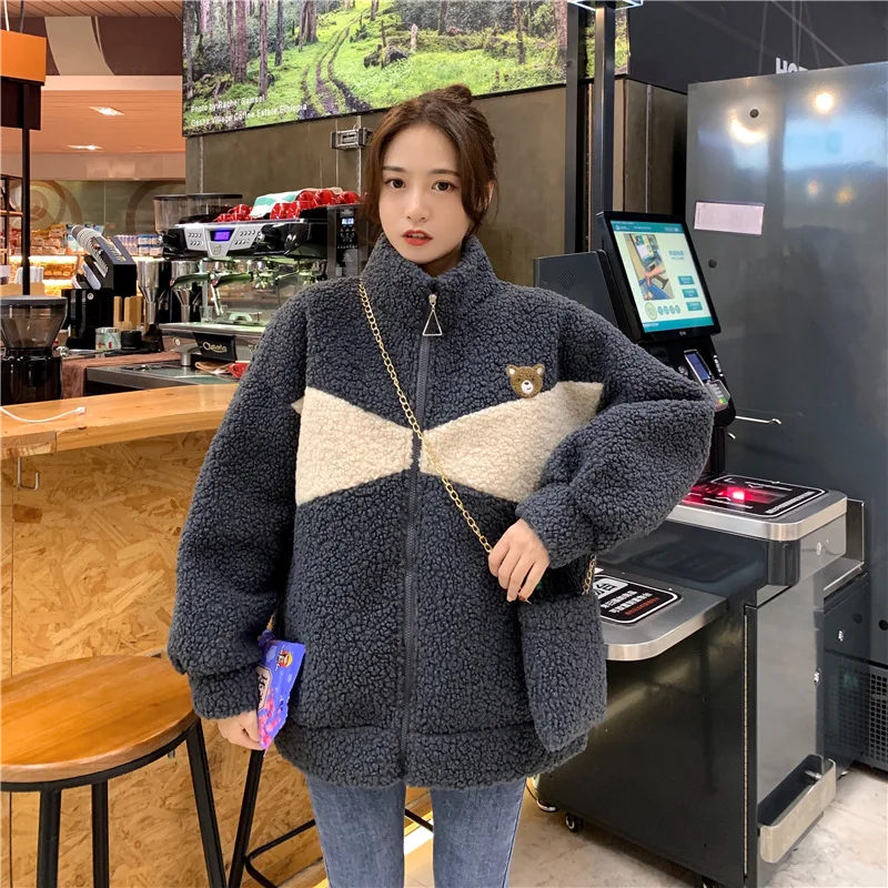 

FNOCE 2020 winter new women's Korean style coats and jackets fashion youth patchwork long sleeve plus velvet thickened warm coat
