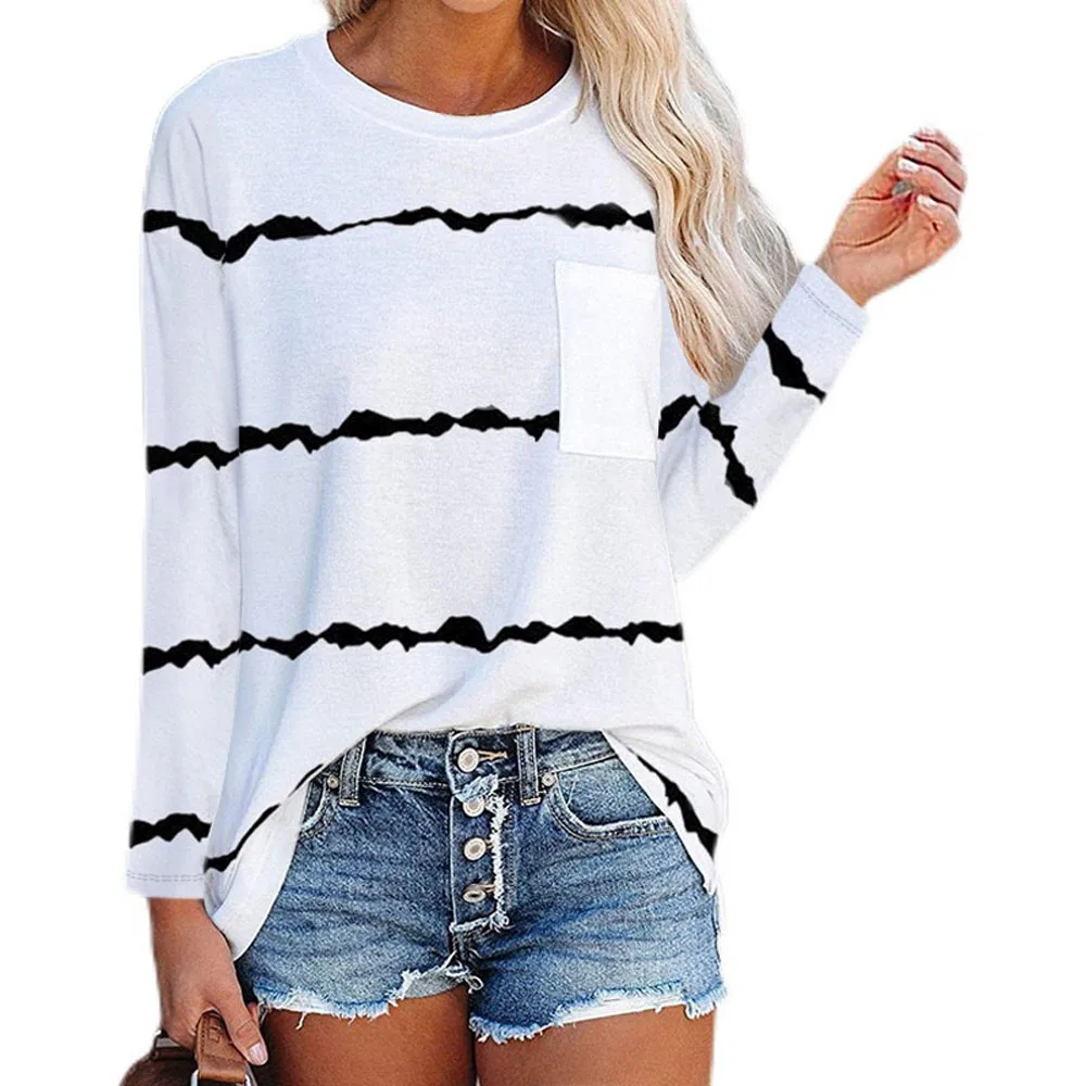 

Spring Autumn Striped Oversized T-shirt Long Sleeve Round Neck Button Women Casual Tee Tops Fashion Pullover