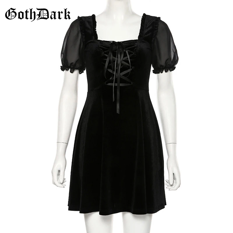 

Goth Dark Vintage Punk Gothic Dresses Women Harajuku Elegant Autumn 2021 Bandage Puff Sleeve Aesthetic Dress Pleated Transparent