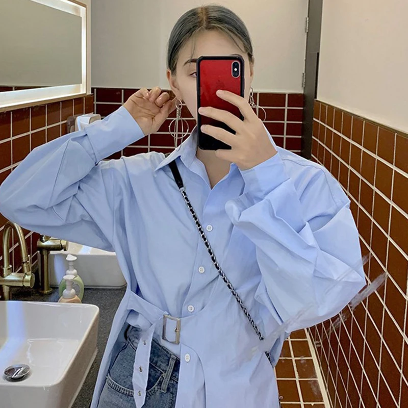 

Korean Style Fashion Long Shirt Women Casual Single Breasted Belt Irregular Loose Casual Bubble Sleeve Blouse Tops