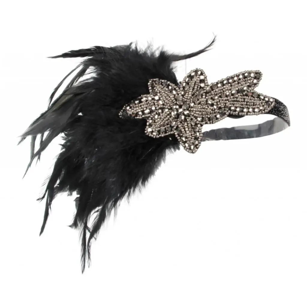 Женская винтажная повязка на голову с перьями черная аппликацией 20s поворотом 1920s